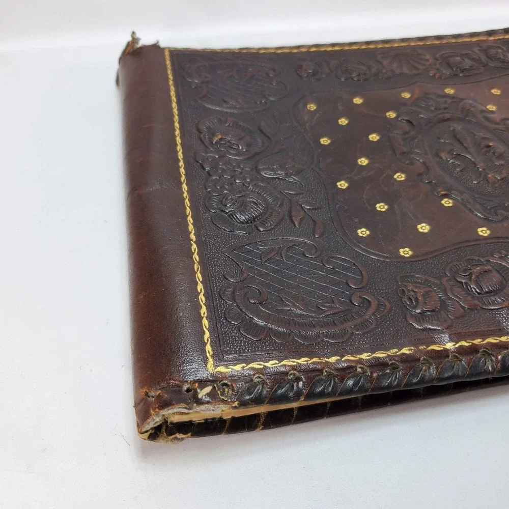 Vintage Tooled Leather Photo Album Brown Embossed Fleur-de-lis Whipstitch Edge